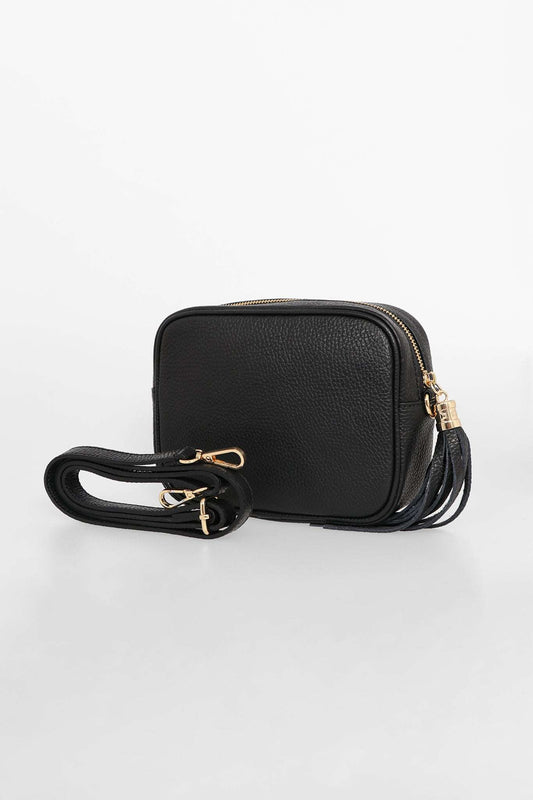 Genuine Italian Leather Camera Bag in Black with Single Zip