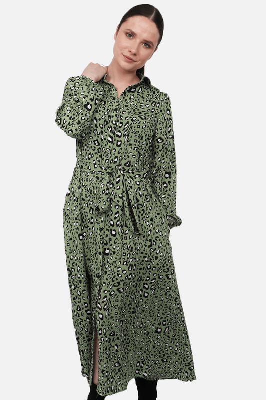 Sage Green Scattered Leopard Print Maxi Shirt Dress with Pockets - Allison's Boutique
