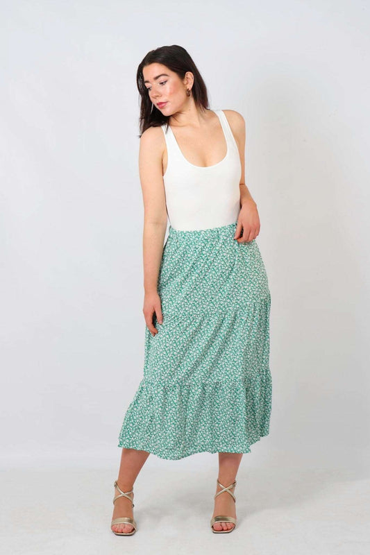Green Daisy Print Tiered Skirt