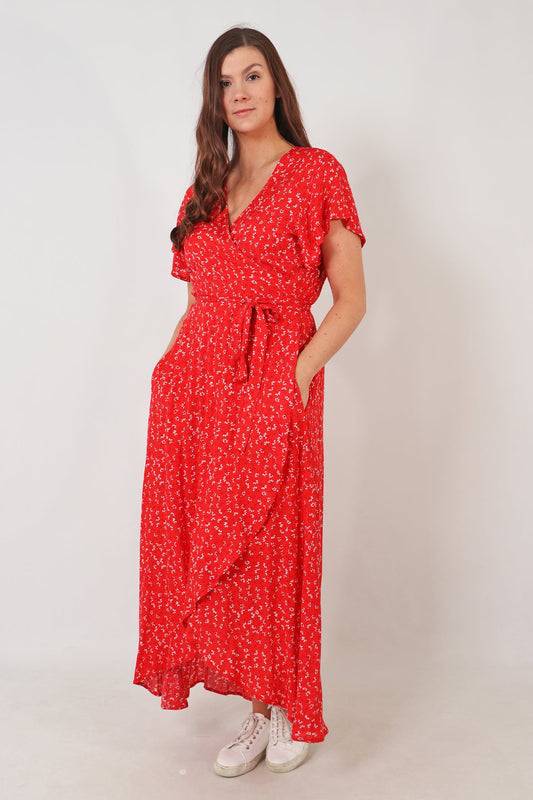 Red Dainty Floral Sprig Wrap Dress with Pockets - Allison's Boutique