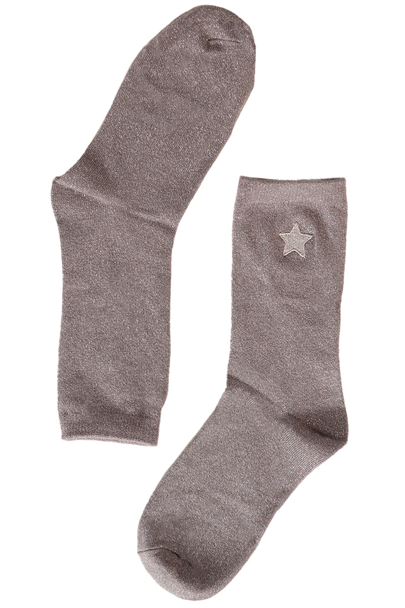 Womens Silver Glitter Socks Embroidered Star Ankle Socks Sparkle Shimmer Grey - Allison's Boutique
