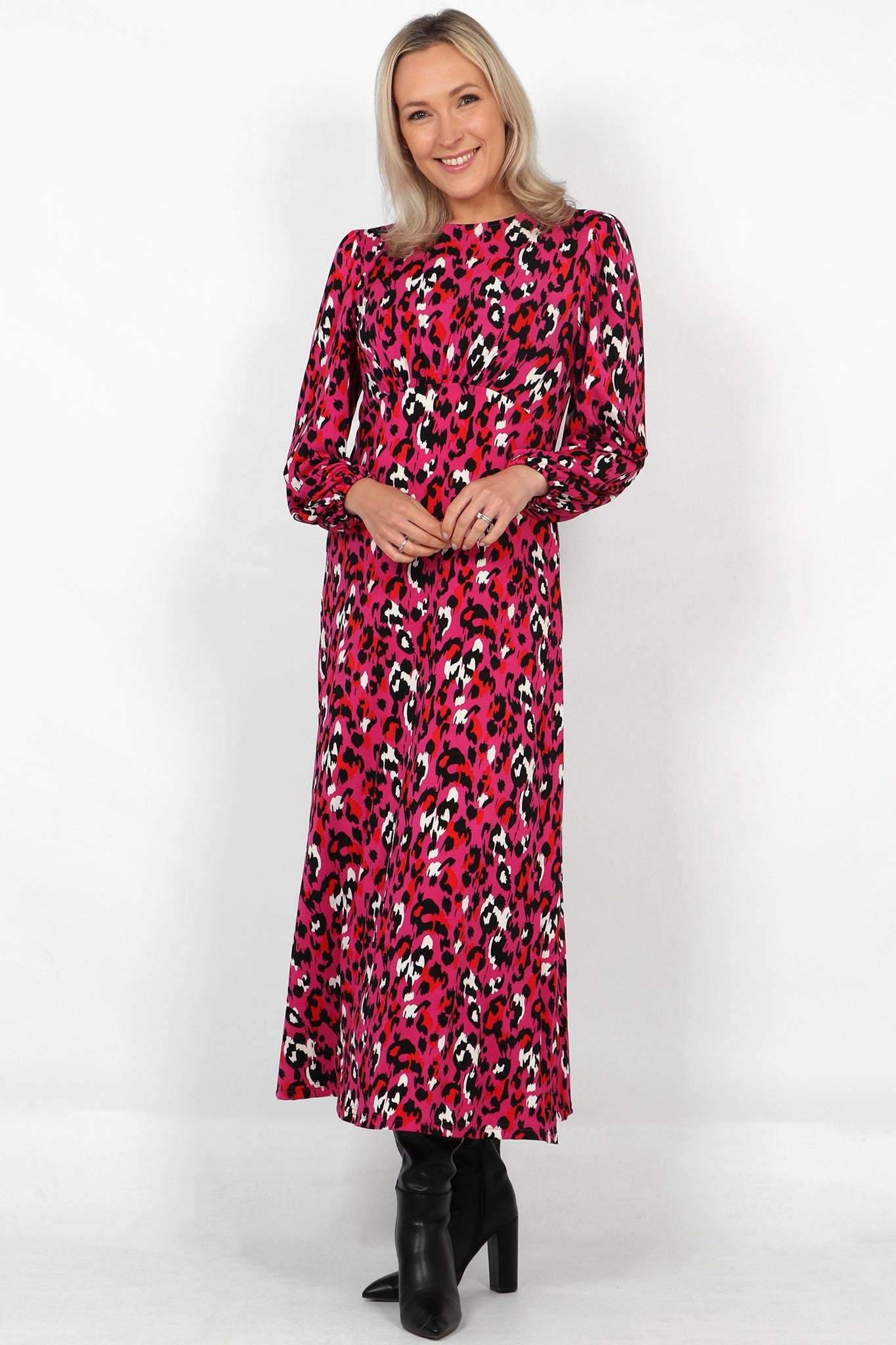 Fuchsia Large Leopard Print Long Sleeve Tea Dress
