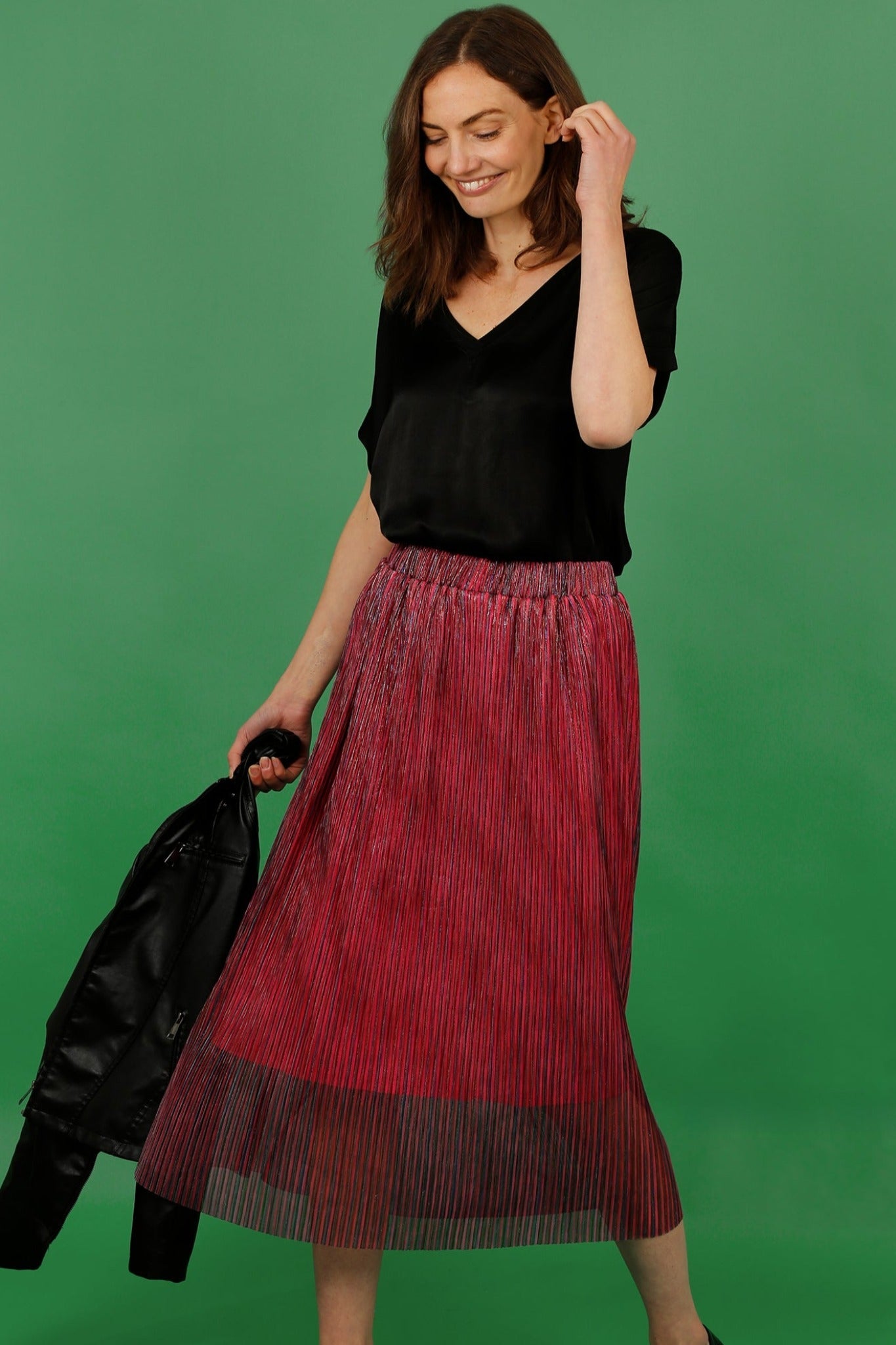Fuchsia Striped Pleated Skirt