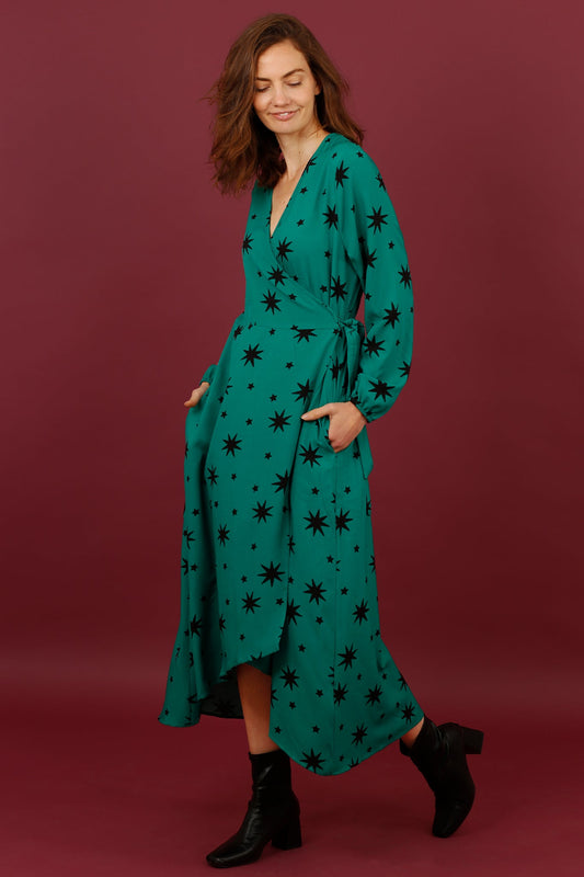 Green Starburst Print Wrap Dress