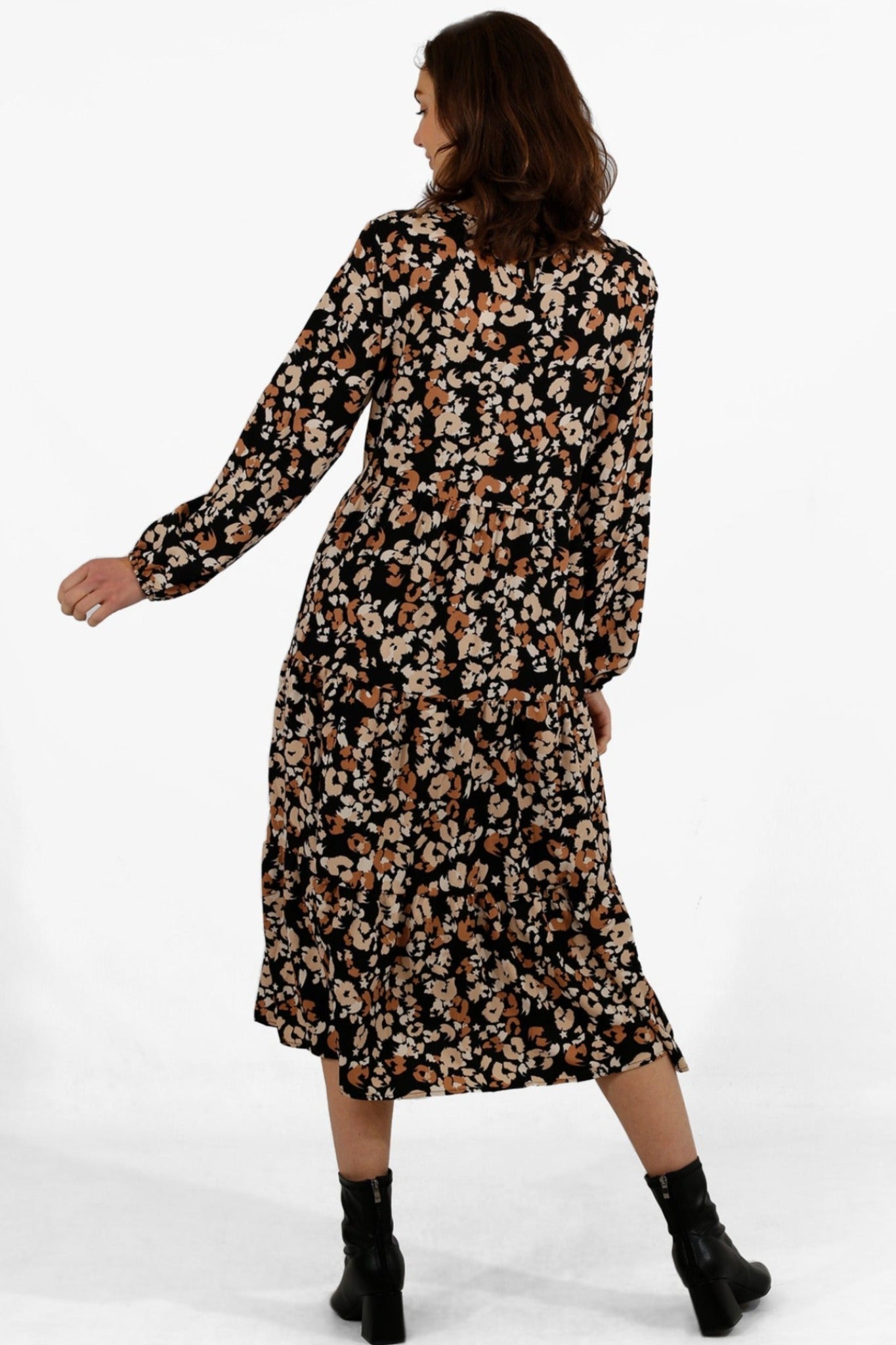 Camel Textured Leopard Print Classic Tiered Dress