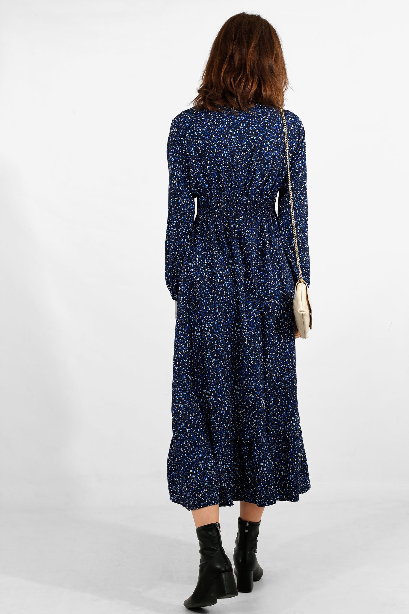 Blue Speckled Print Maxi Dress with Shirring