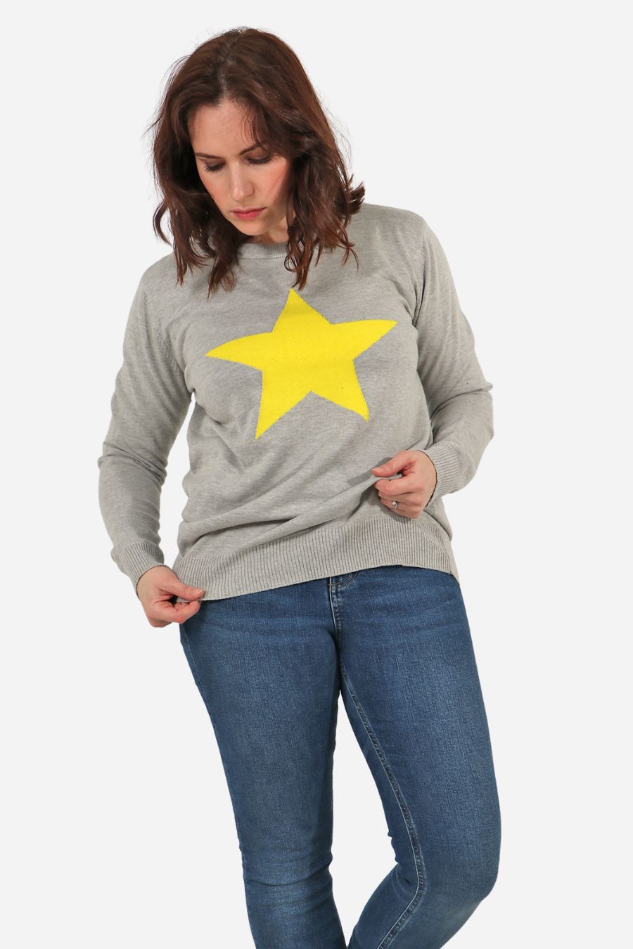 Light Grey Neon Yellow Contrasting Star Cotton Jumper - Allison's Boutique