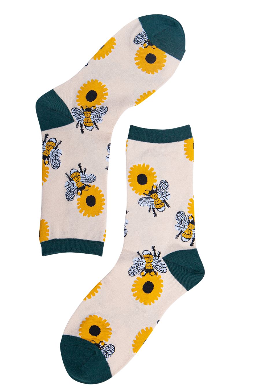 Womens Bamboo Bee Socks Bumblebees Sunflowers Floral Ankle Socks Green - Allison's Boutique