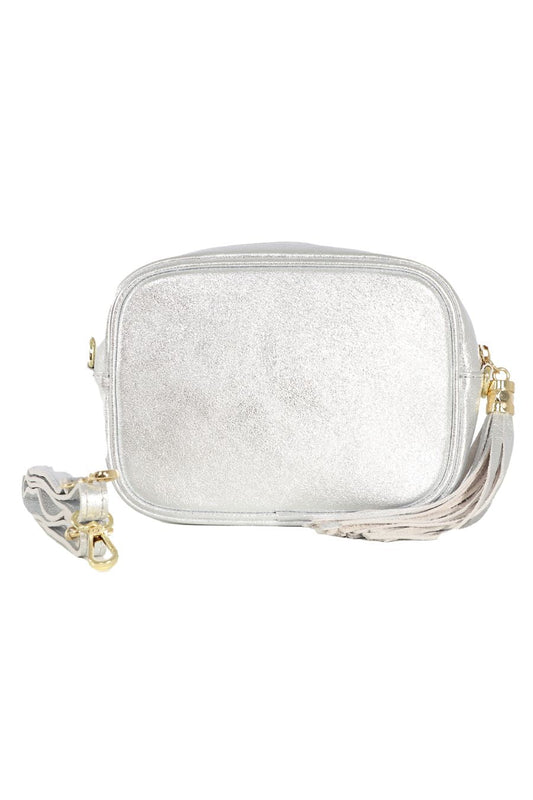 Genuine Italian Leather Camera Bag in Silver Single Zip - Allison's Boutique