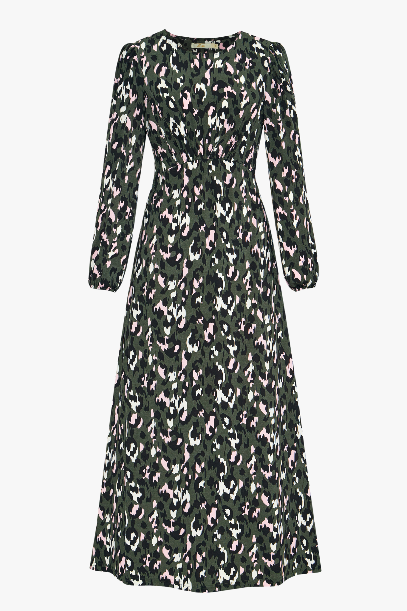 Khaki Large Leopard Print Long Sleeve Tea Dress