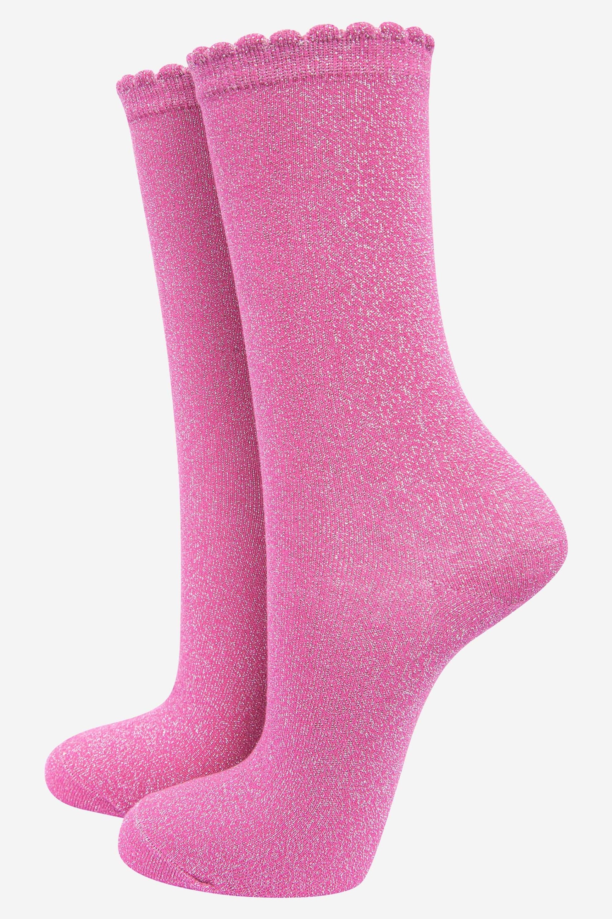 Womens Cotton Blend All Over Glitter Ankle Socks in Hot Pink - Allison's Boutique