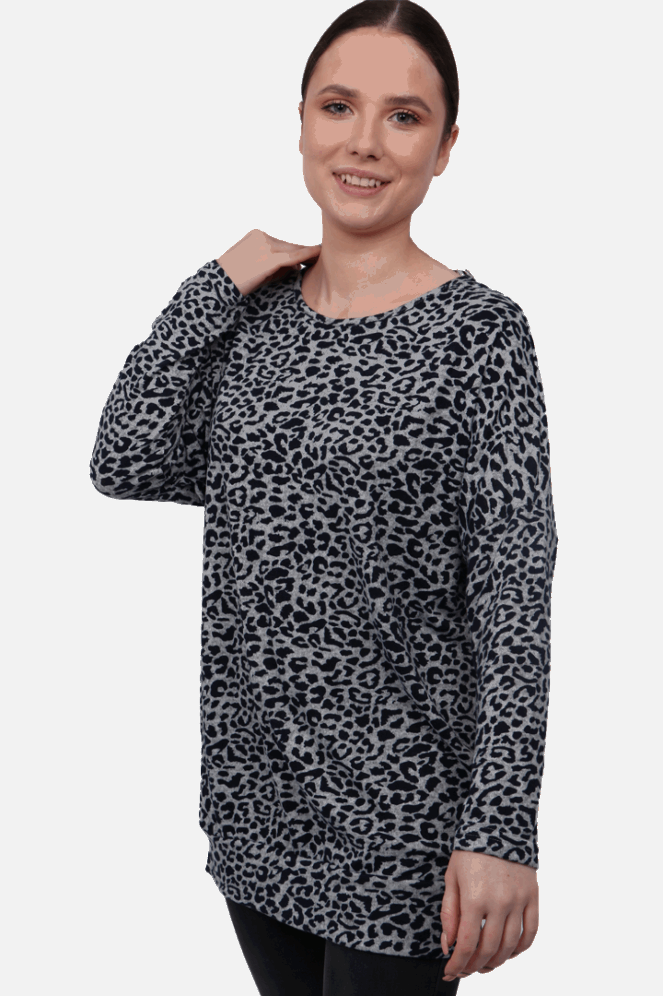 Grey Navy Leopard Print Batwing Sleeve Jumper