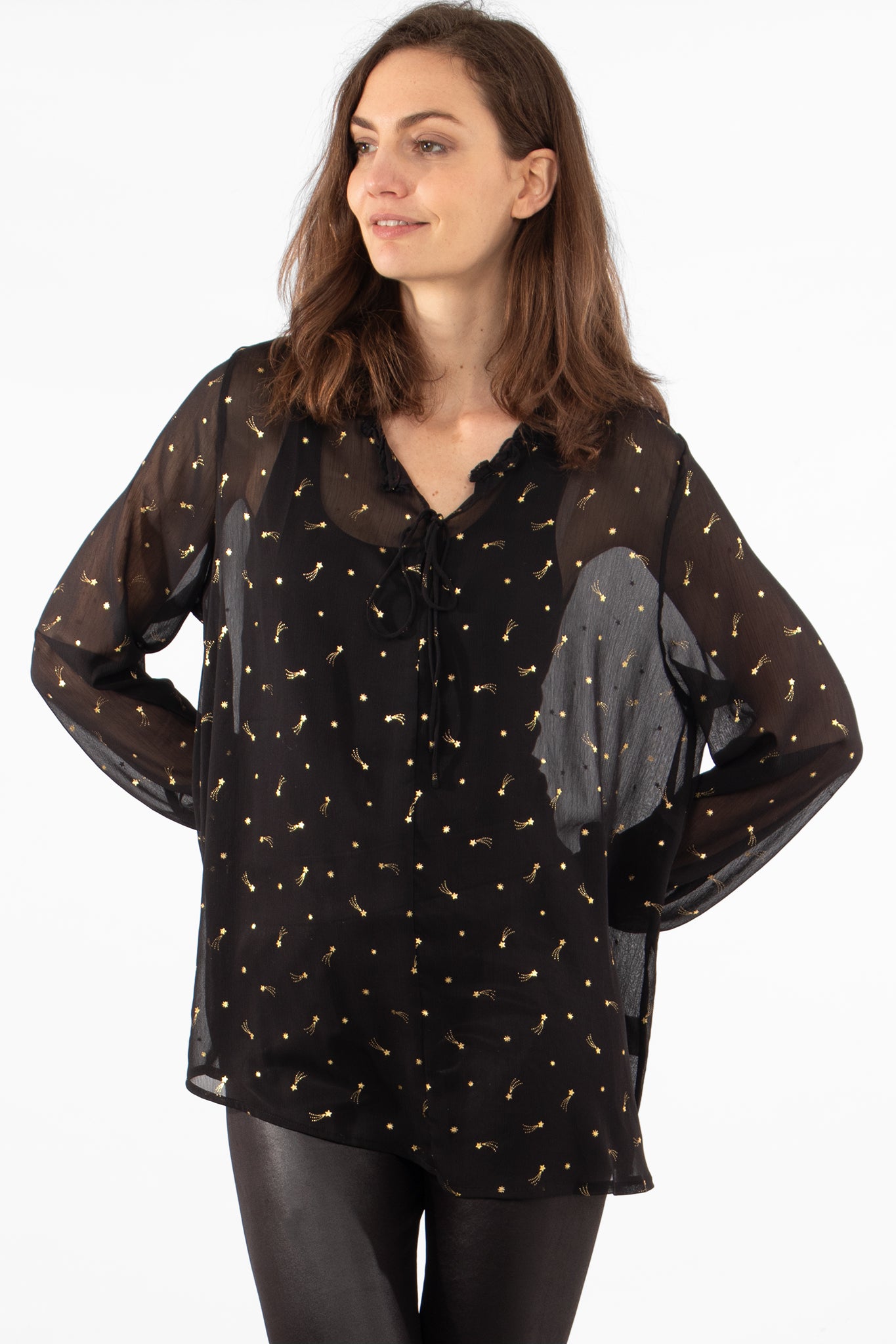 Black Gold Metallic Shooting Star Print Ruffle Grandad Collar Top