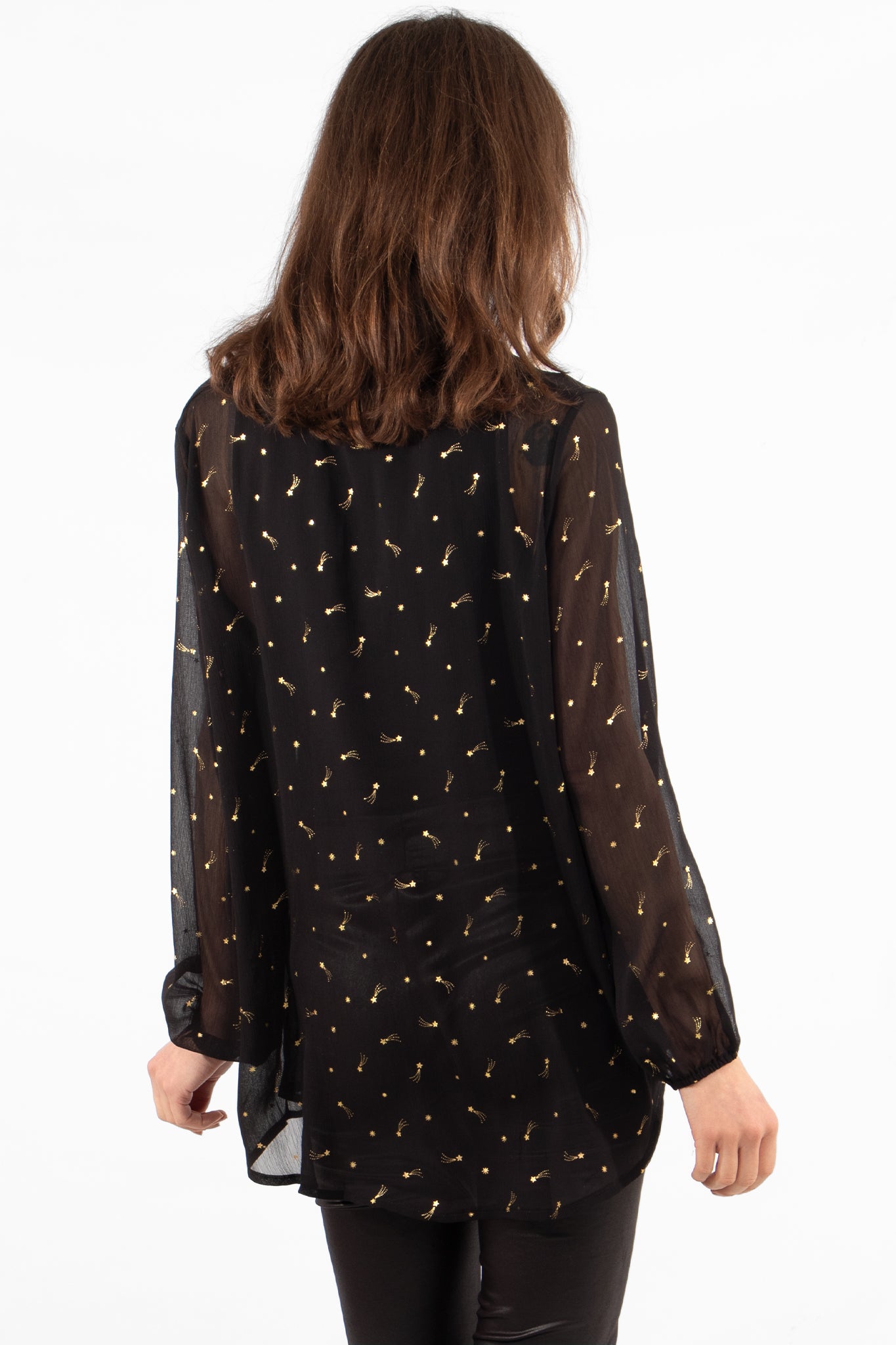 Black Gold Metallic Shooting Star Print Ruffle Grandad Collar Top