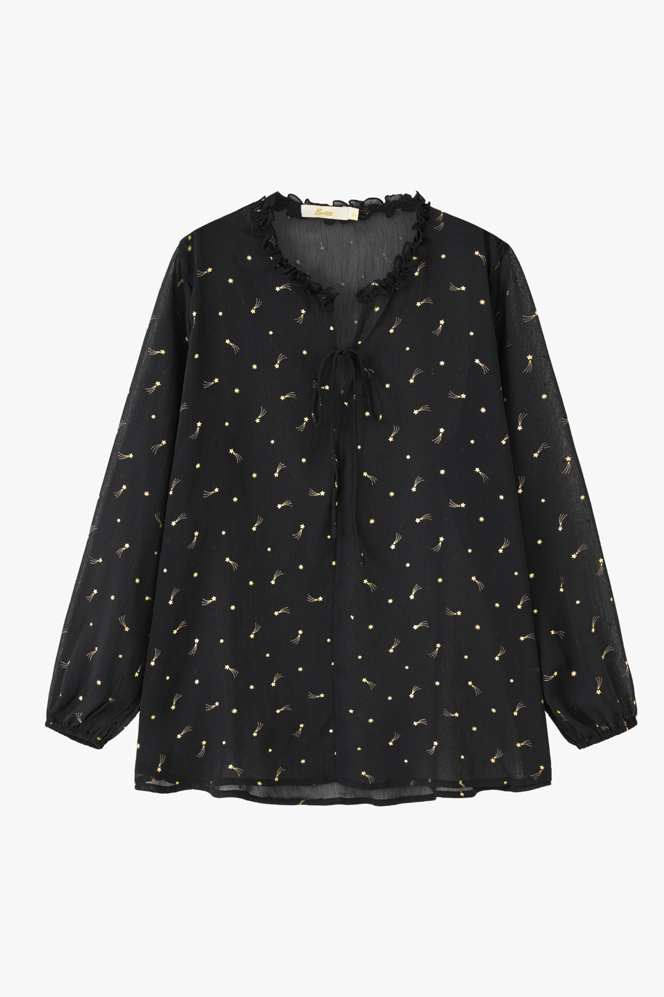 Black Gold Metallic Shooting Star Print Ruffle Grandad Collar Top