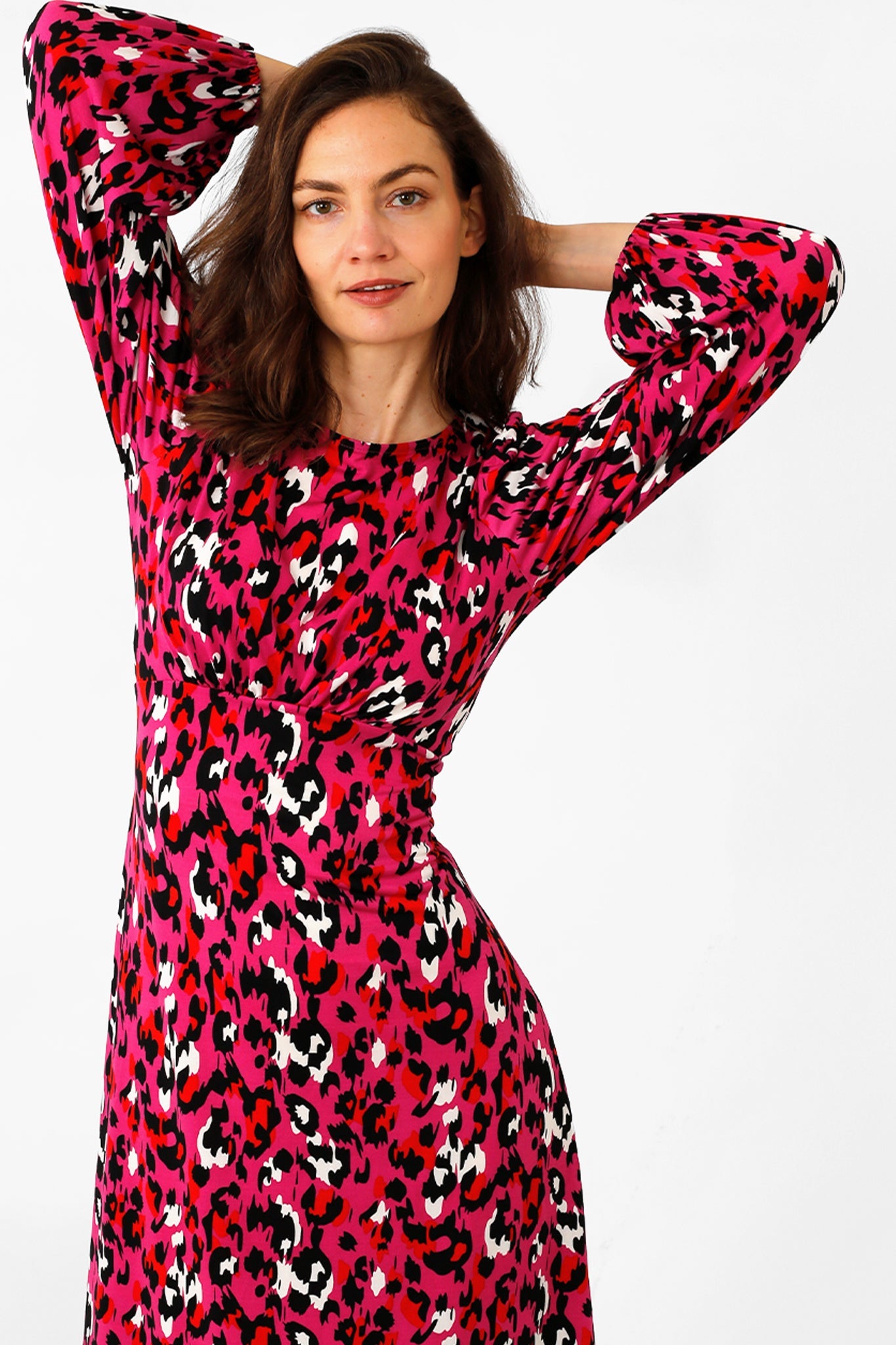 Fuchsia Large Leopard Print Long Sleeve Tea Dress