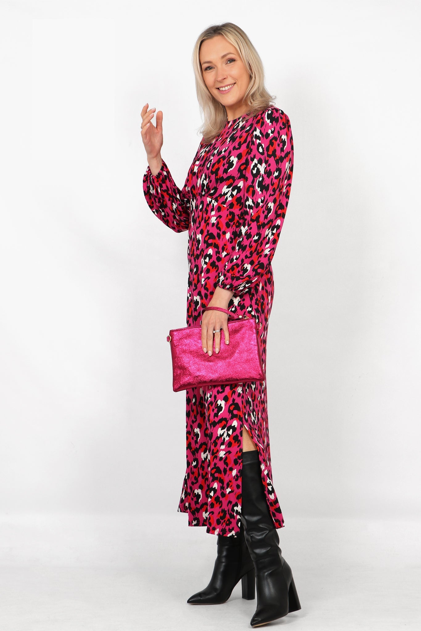 Fuchsia Large Leopard Print Long Sleeve Tea Dress