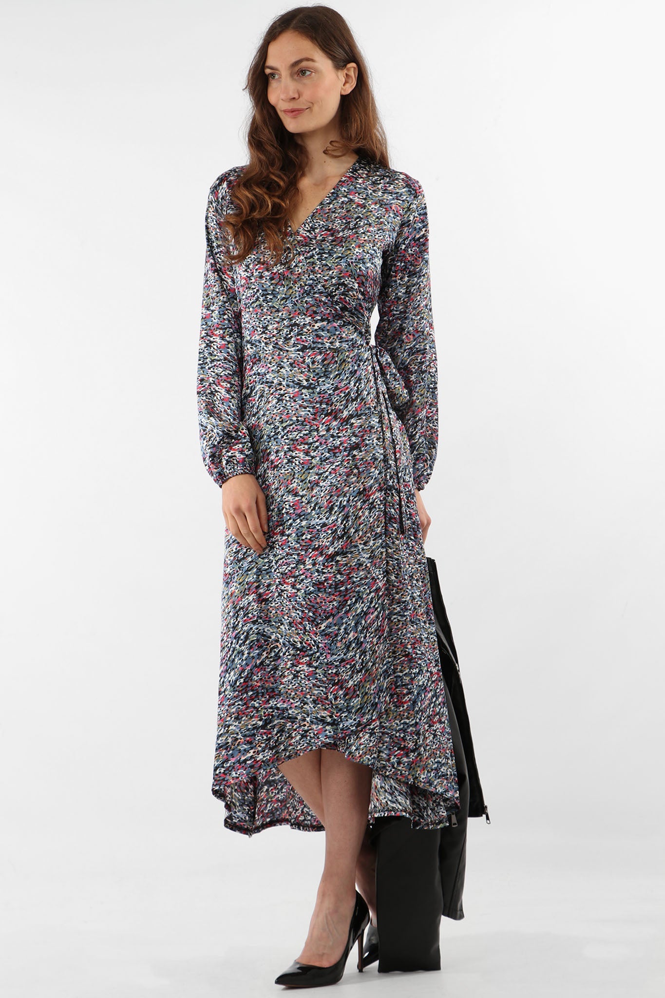 Grey Abstract Spot Print Long Sleeve Wrap Dress