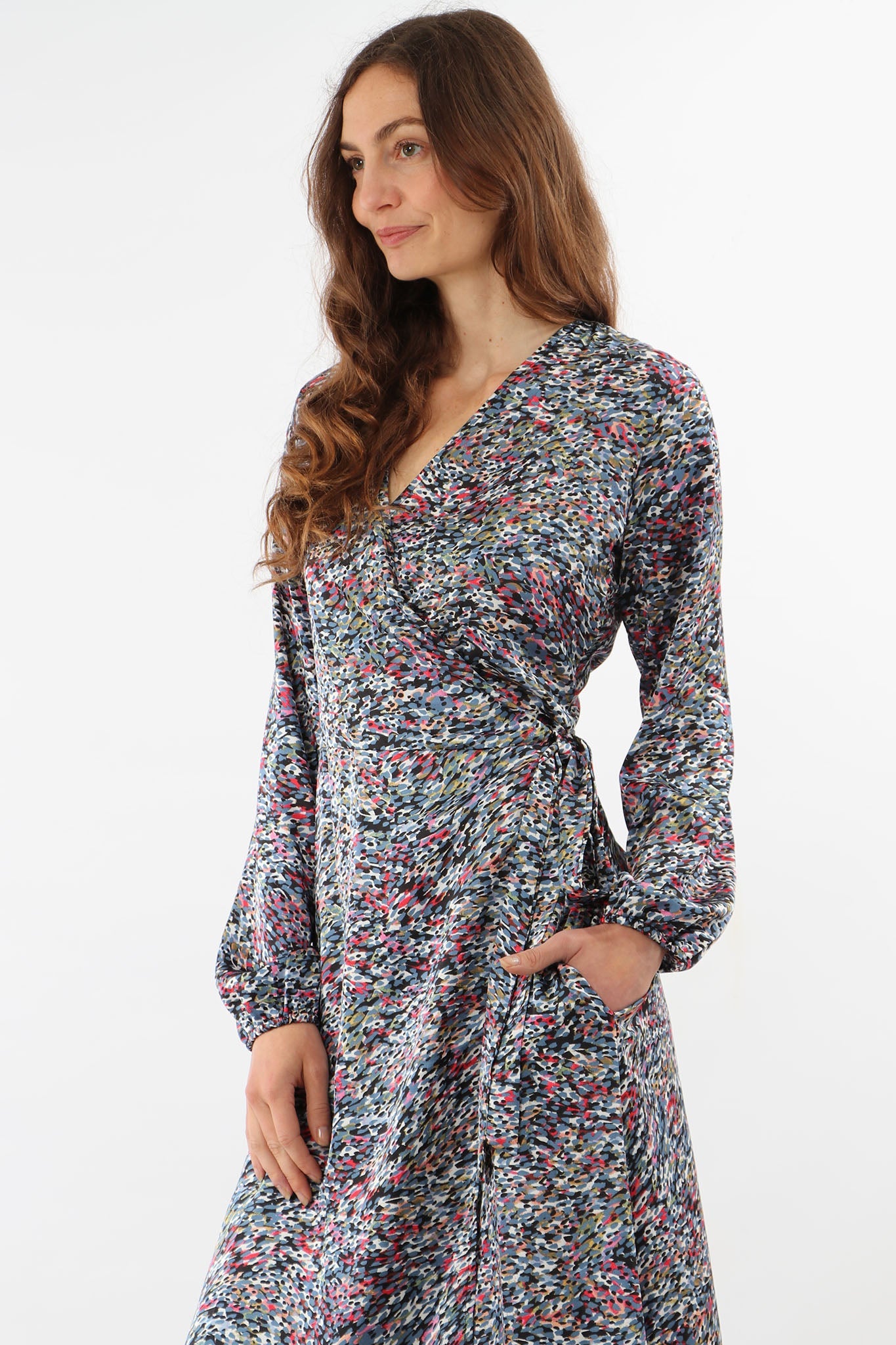 Grey Abstract Spot Print Long Sleeve Wrap Dress