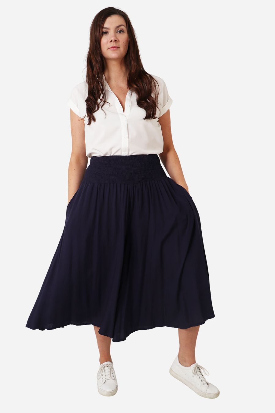 Navy Blue Plain Elasticated Waist Culottes with Pockets - Allison's Boutique